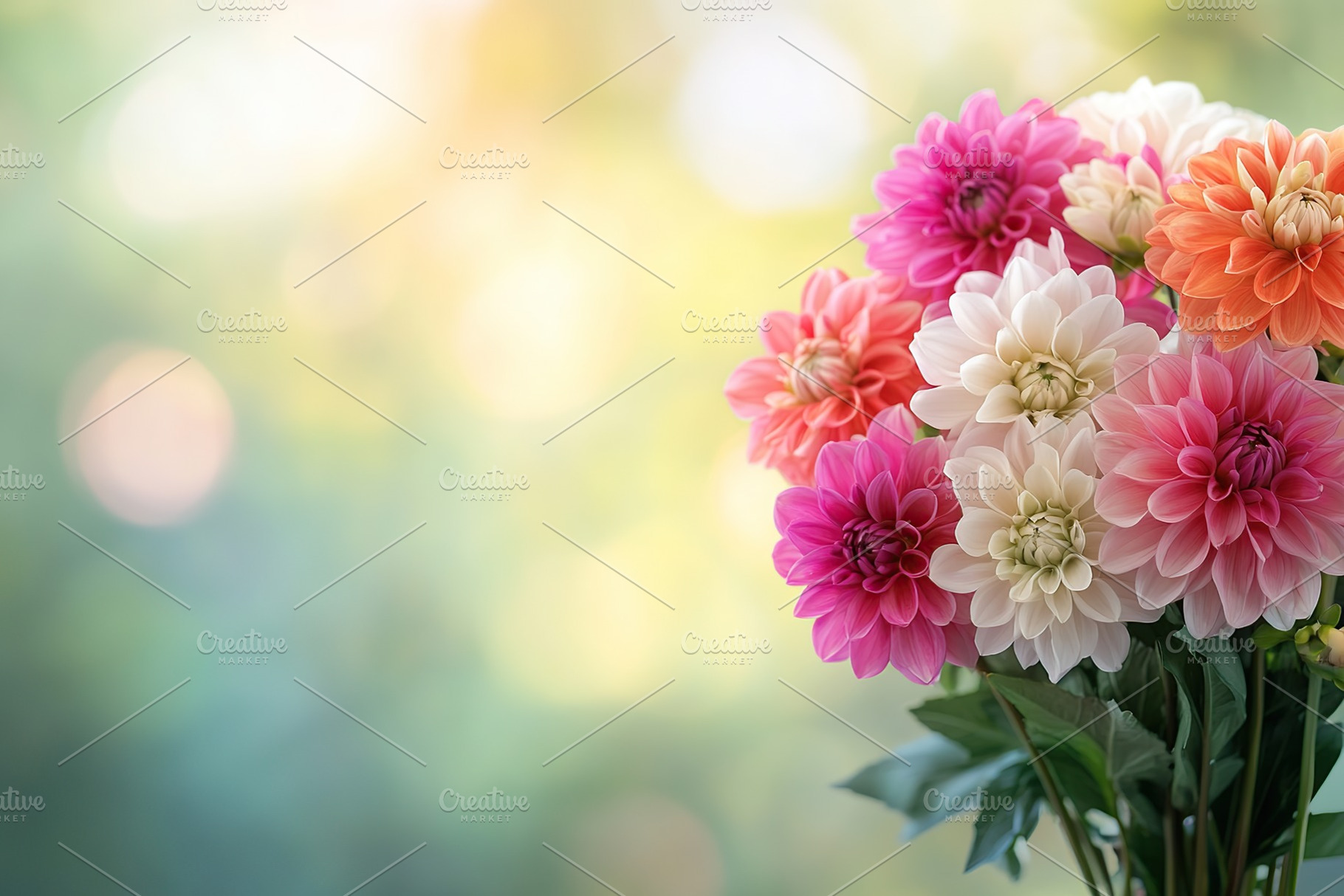 Colorful bouquet of pink, orange, and white dahlias in a soft garden background, a Nature Photo by AlyaAnd