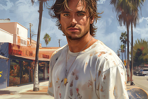 A young male skateboarder with tousled hair stands confidently by palm trees, e, a Person Photo by ImageMir
