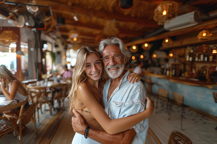 Senior Man Embracing Young Woman in a Busy Cafe, Smiling and Enjoying Quality T, a Photo by AS photostudio