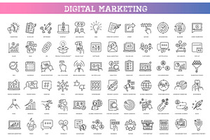 SEO and Digital Marketing line icons, a Technology Illustration by Tettygreen