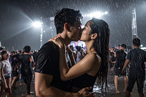 Young couple kisses passionately under torrential rain at an out, a Person Photo by DanFLCreativo