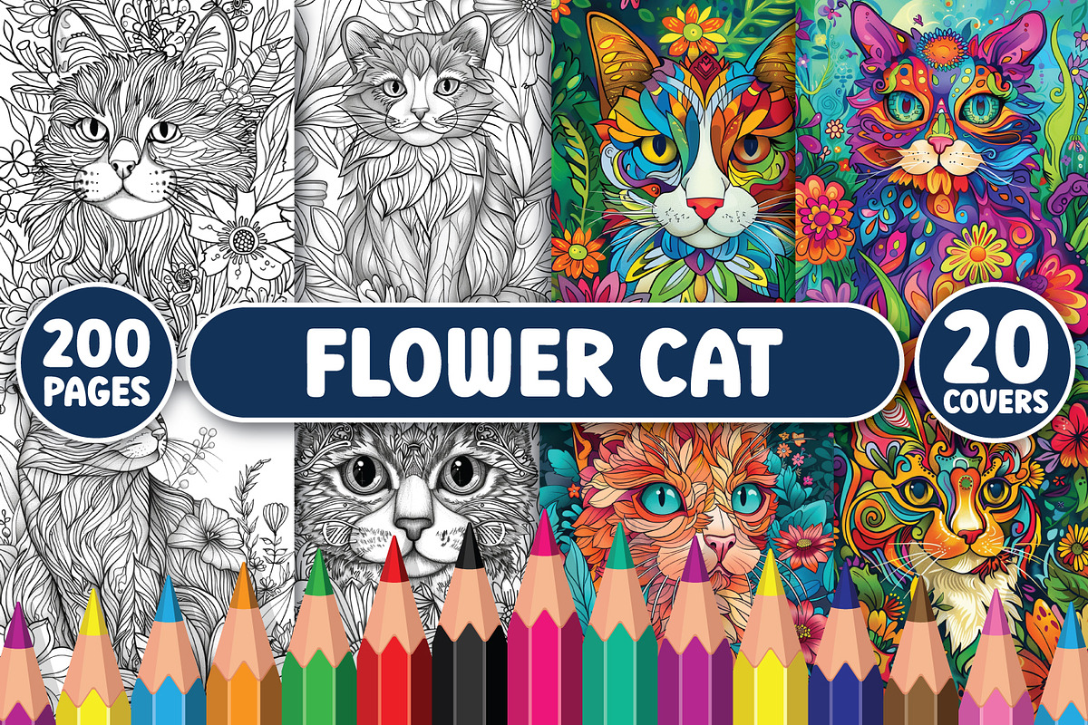 200 Flower Cat Coloring Pages, an Animal Illustration by BrightMart (Photo 1 of 3)
