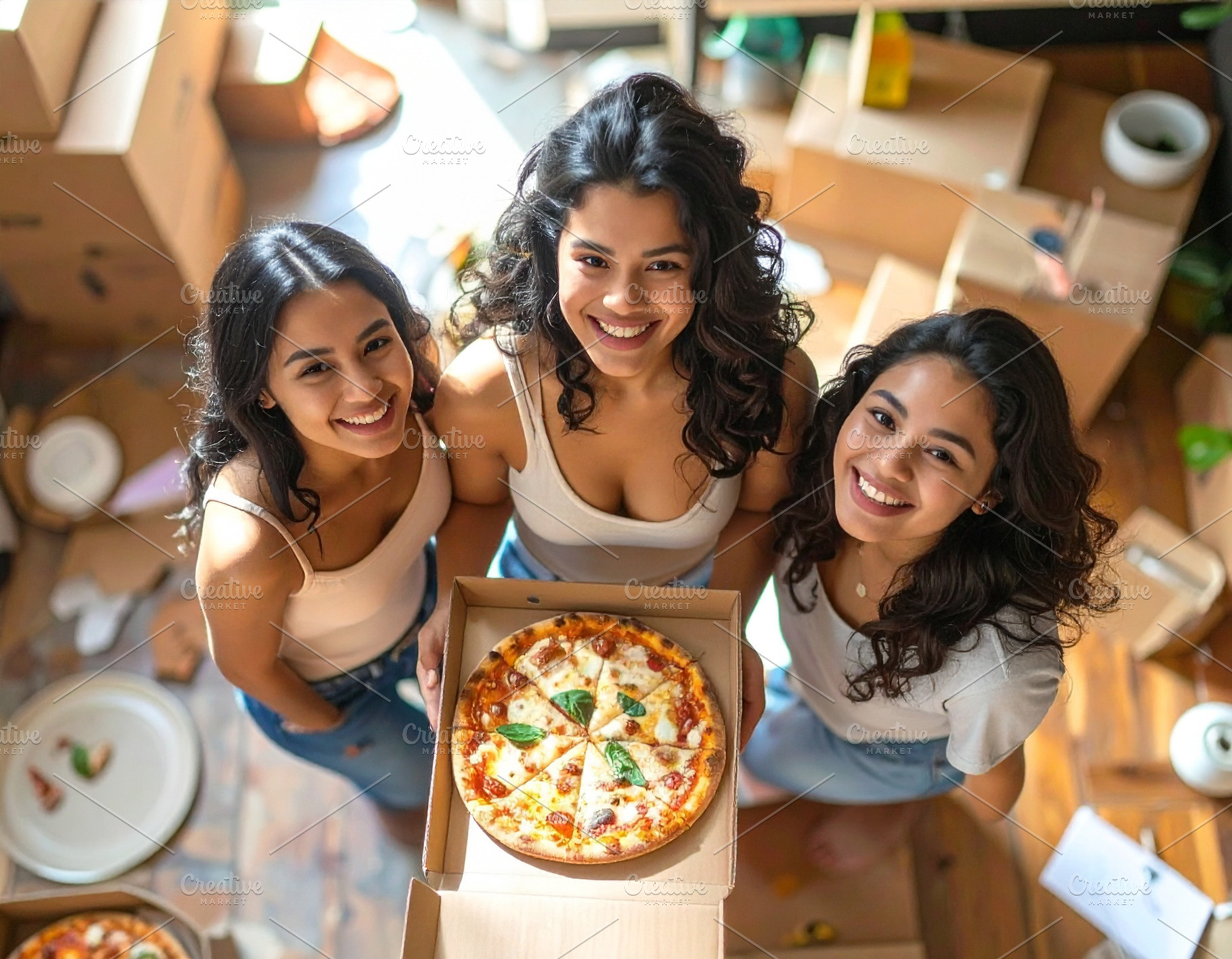 Group celebrating a moving‑in party with pizza, a Person Photo by DanFLCreativo
