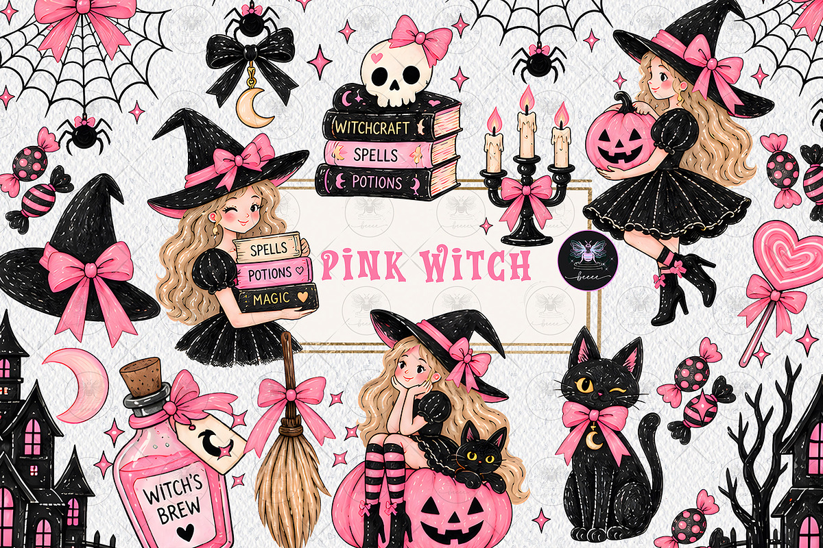 Pink Halloween Witch Clipart, a Decorative Illustration by BigCakeBee (Photo 1 of 3)