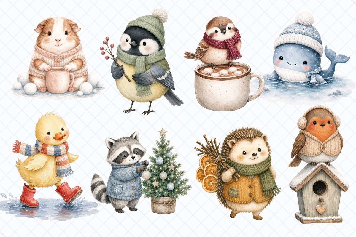 Cozy Winter Animals Clipart - 50 PNG, an Animal Illustration by Whimsy Brush Studio (Photo 4 of 10)