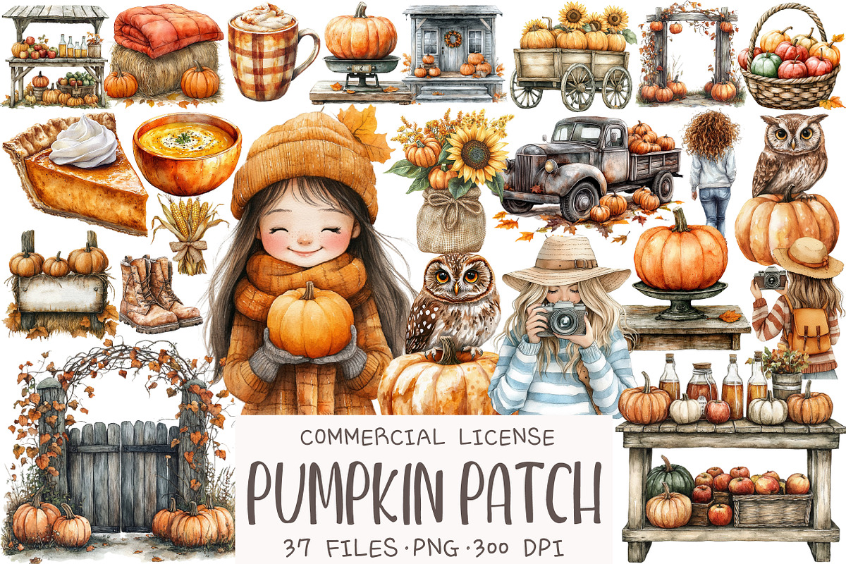 Watercolor Pumpkin Patch Clipart, an Illustration by OK Design (Photo 1 of 5)