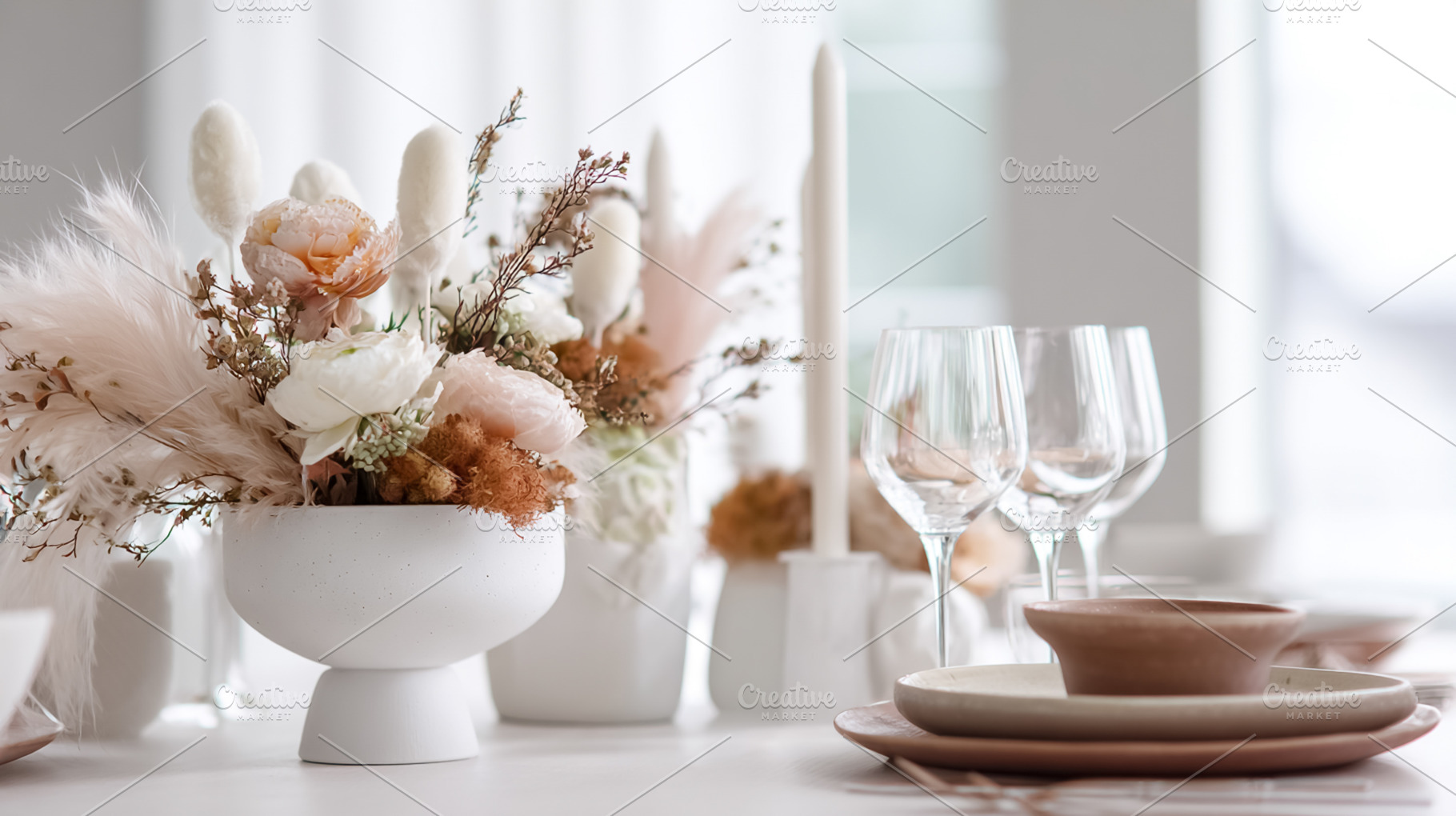 Elegant table setting featuring dried flowers centerpiece and mi, a Photo by Studio ANNA
