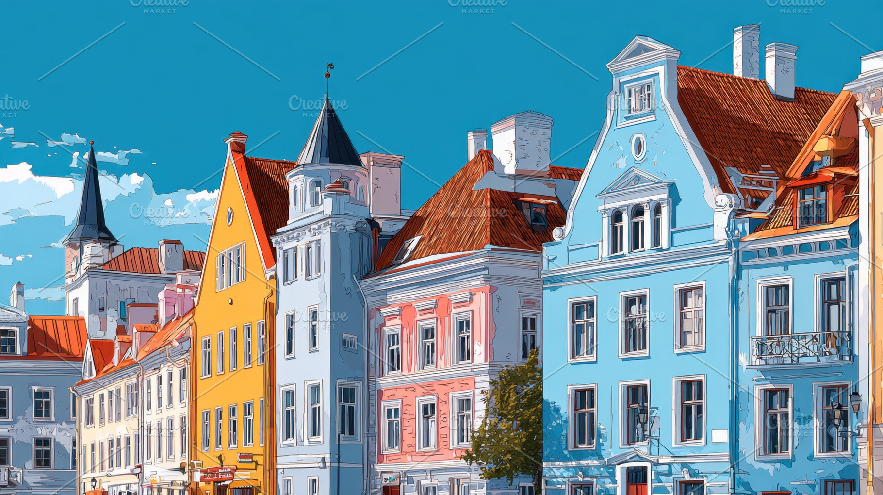 Colorful buildings in a city street, a Photo by Beautiful things