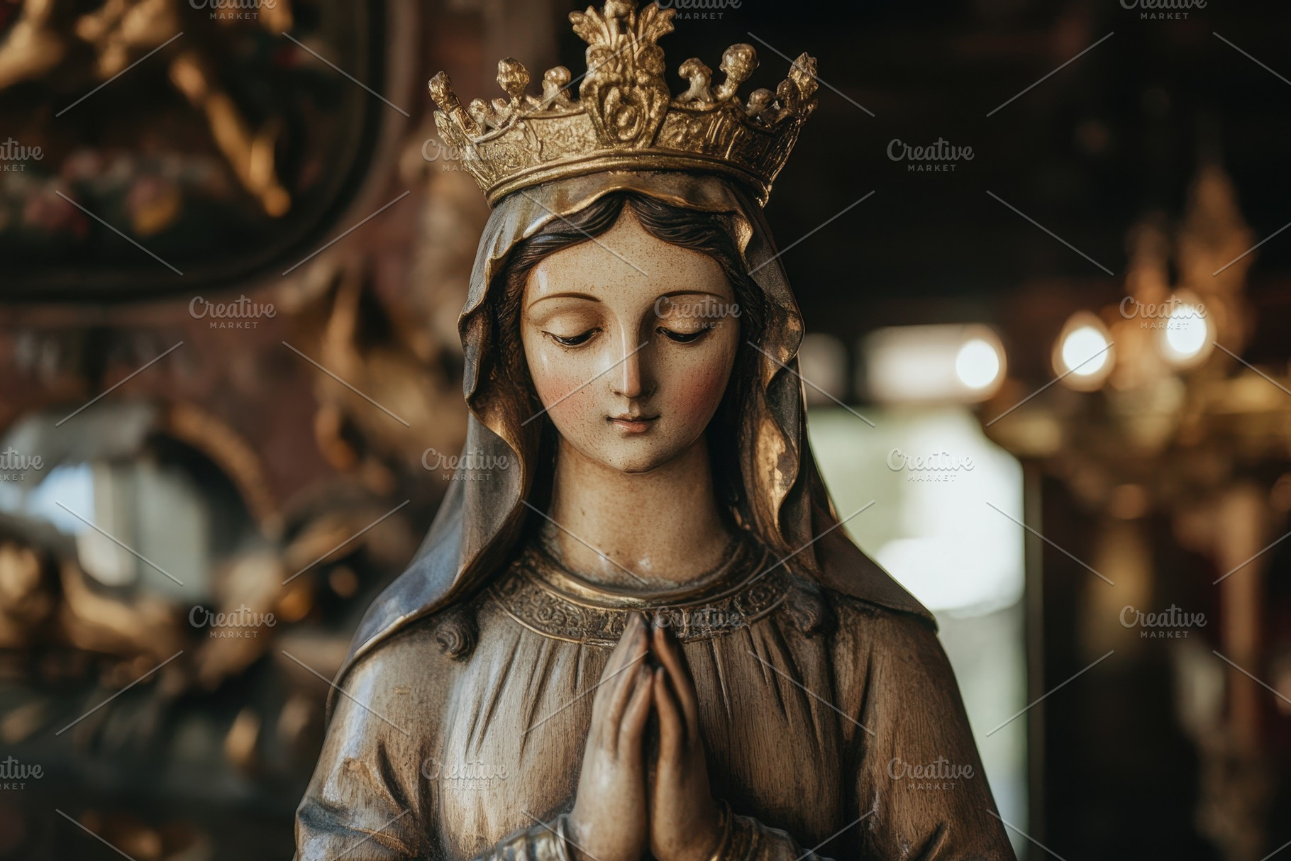 Virgin Mary statue with golden crown, a Photo by Iftikhar Alam