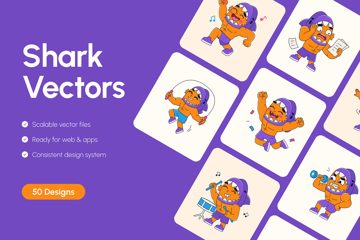 50 Shark Flat Vector Icons, an Emoji Icon by Creative Stall (Photo 1 of 10)