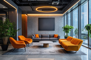 Modern lounge interior with stylish furniture and greenery in a, a Beauty & Fashion Photo by AlyaAnd
