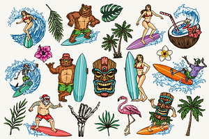 Surfing illustrations set