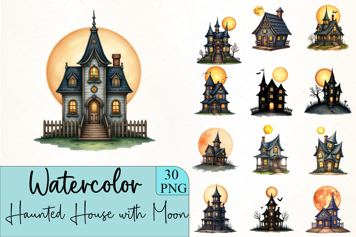 Haunted House with Moon Clipart, an Illustration by CrexoraLab (Photo 1 of 5)