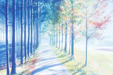 A serene pathway lined with tall trees, bathed in soft blue and pastel hues. Th, an Arts & Entertainment Photo by Textures & Backgrounds