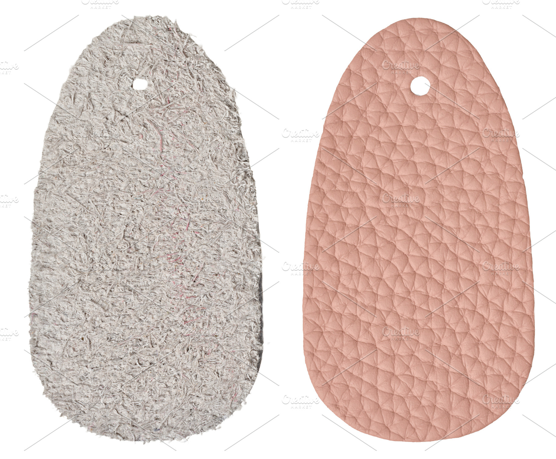 Two oval samples of soft pink genuine leather showing a smooth f, an Abstract Photo by ndanko