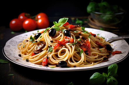 Spaghetti with tomatoes, olives and, a Photo by Iftikhar Alam