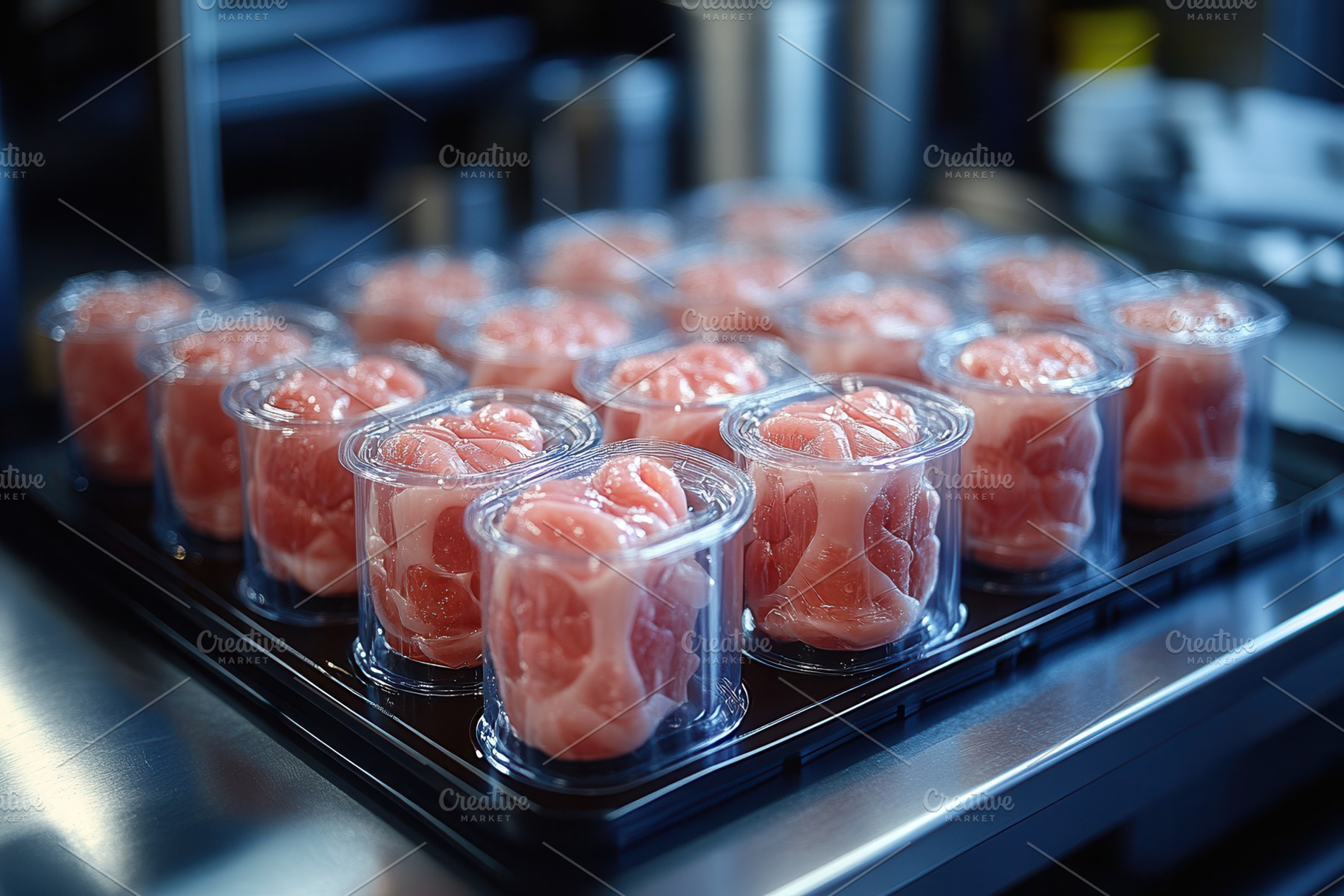 Freshly prepared meat portions lined, a Photo by Tanuart