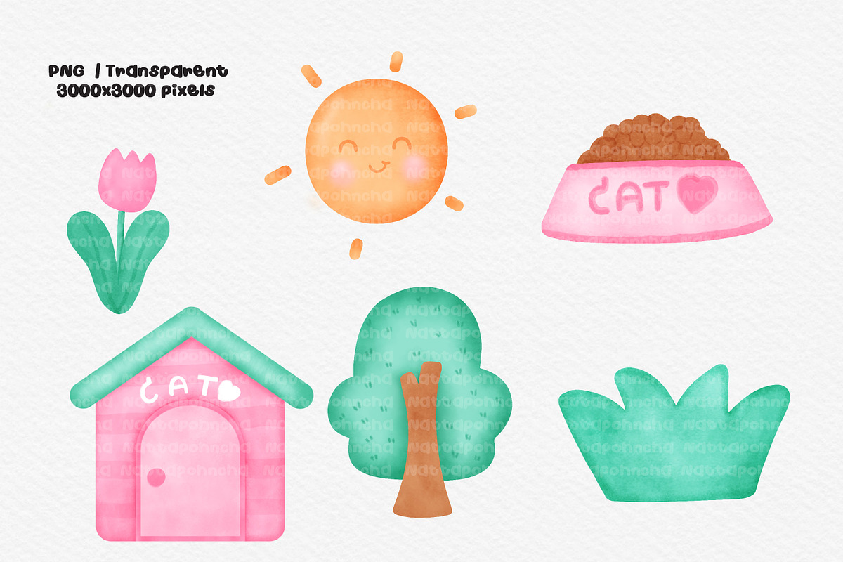 Cute Cat Watercolor Clipart Set, an Animal Illustration by Nattapohncha (Photo 2 of 4)