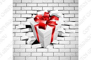 Gift Present Smashing Through Wall