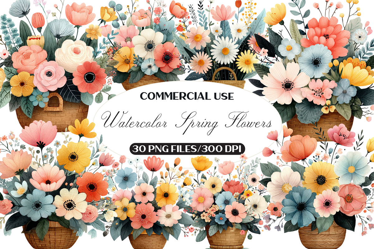 Watercolor Spring Flowers Clipart, an Illustration by Black Bird Studio (Photo 1 of 5)