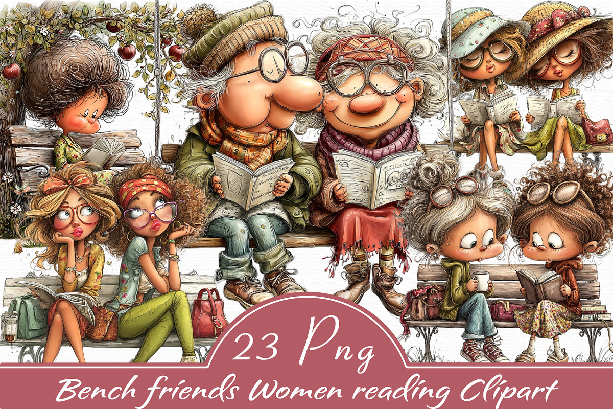 Bench friends Women reading Clipart, an Illustration by Libby Wishes (Photo 1 of 8)