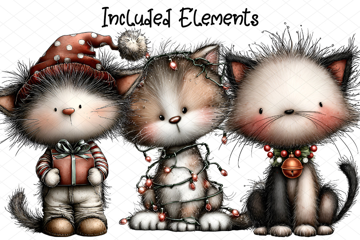 Whimsical Christmas Cat Clipart, an Animal Illustration by cherrydesign (Photo 3 of 4)