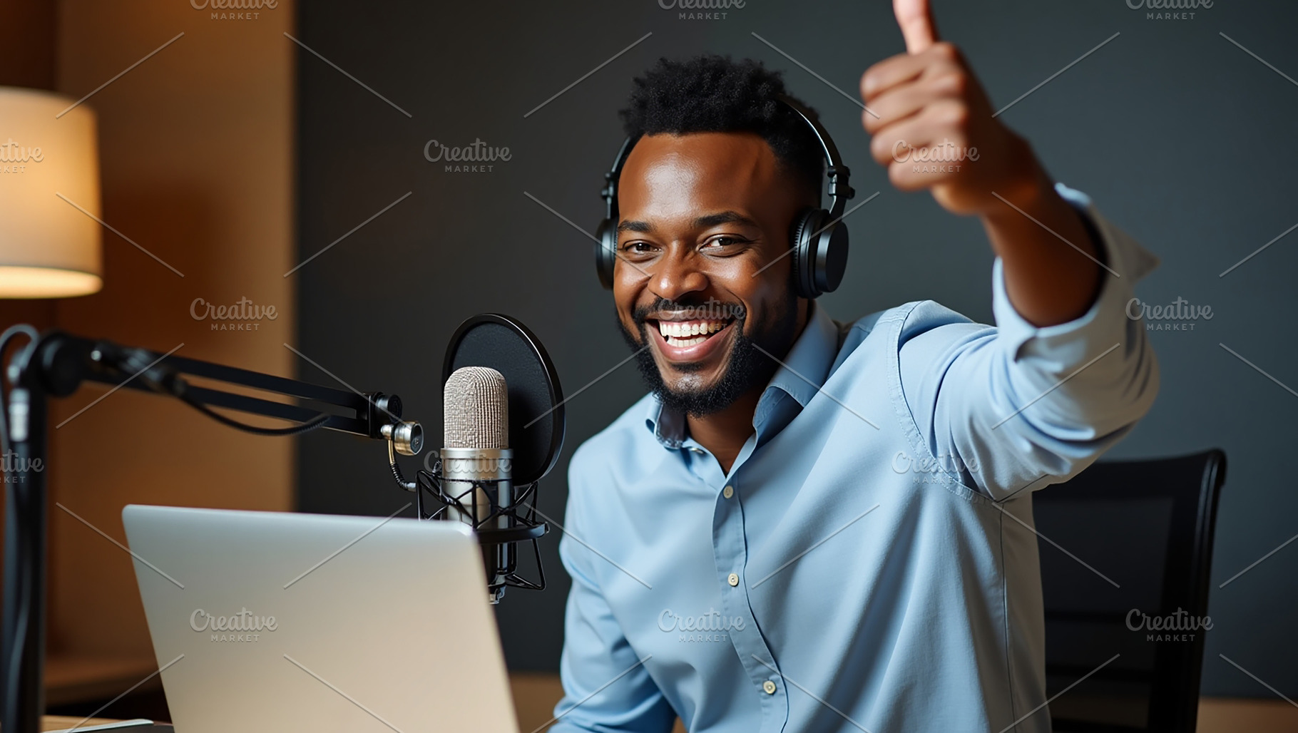 Happy men podcast in studio, a Business Photo by Stock Shape