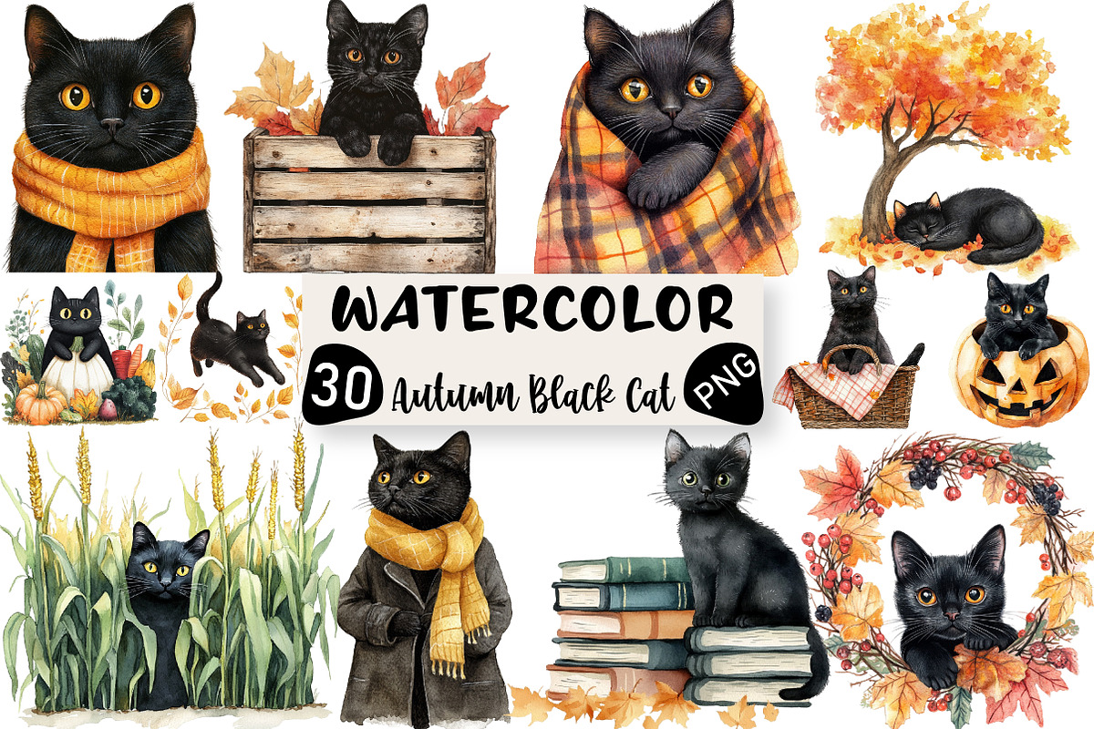Fall Autumn Black Cat Clipart, an Illustration by Black Bird Studio (Photo 1 of 6)