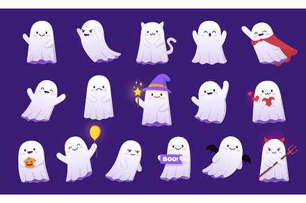 Halloween kawaii ghost monsters, an Illustration by Vector Tradition