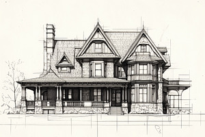 A detailed architectural sketch of a Victorian Shingle style house featuring in, an Architecture Photo by Textures & Backgrounds