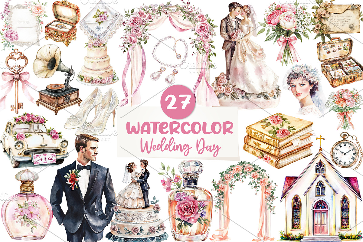Retro Wedding Day Clipart, an Illustration by CreationArt (Photo 1 of 5)