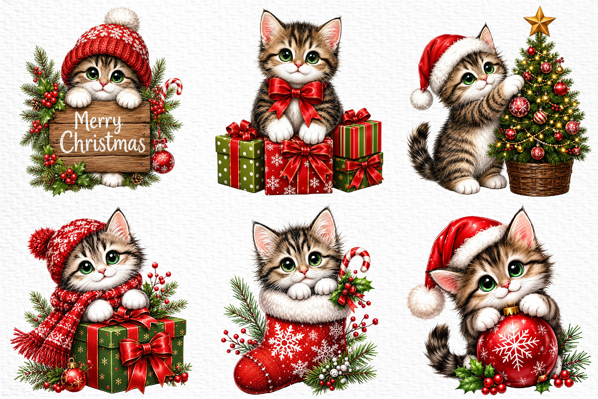 Whimsical Christmas Kitty Clipart, an Animal Illustration by Craft Nest (Photo 2 of 4)