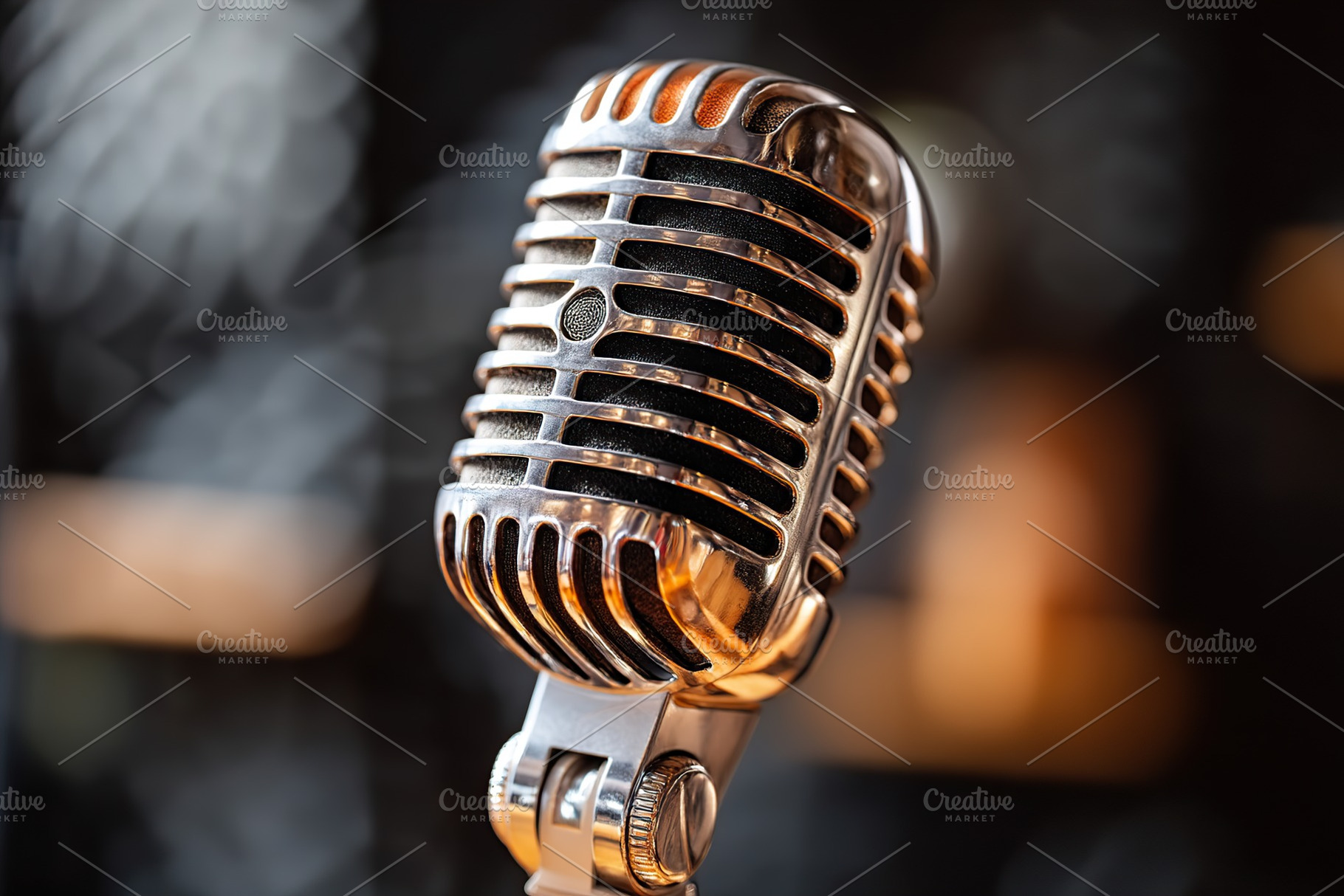 Chrome broadcast microphone captures sound in close-up detail during recording, a Technology Photo by AlyaAnd