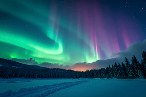 Stunning northern lights in night sk, a Photo by LOGOCREATIVE