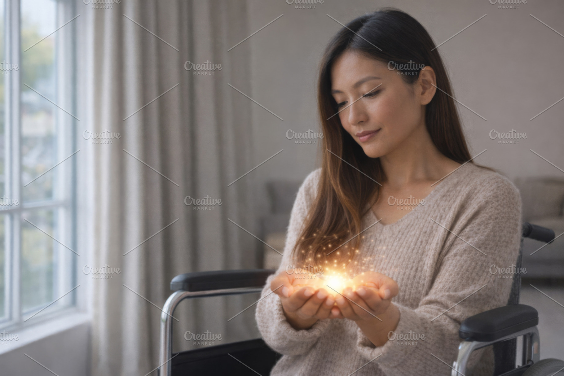 Asian woman in wheelchair holding glowing light, International W, a Photo by Dvoevnore photos