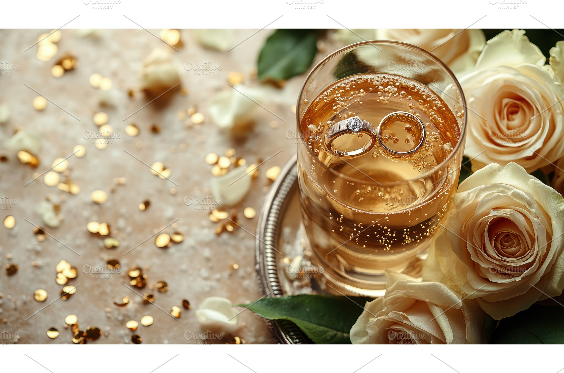 Wedding rings in champagne glass, a Photo by Rodica Ciorba