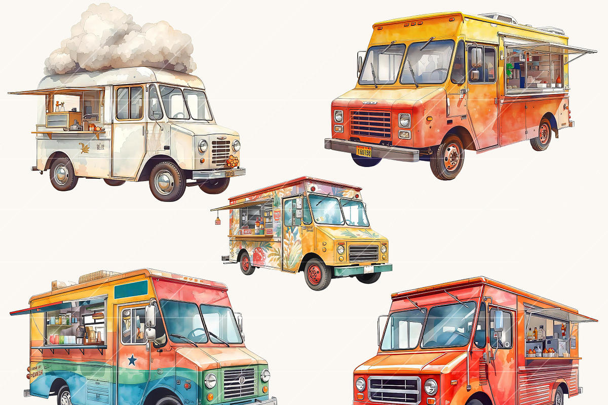 Watercolor Food Truck Clipart Bundle, a Transportation Illustration by Design Scotch (Photo 7 of 9)