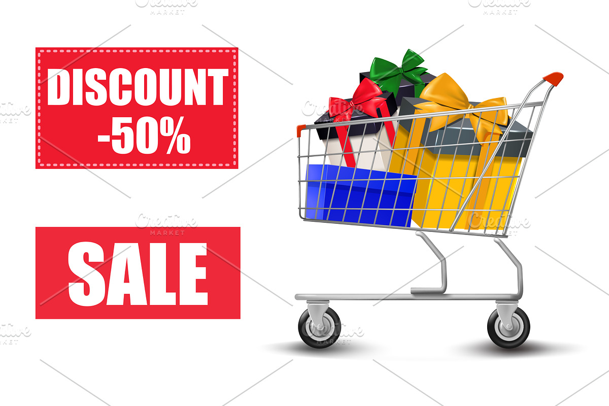 Shopping Cart with Gift Boxes and 50, an Object Illustration by piter.goskov