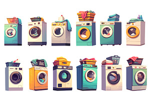 Set of cartoon washing machines with, an Object Illustration by LadadikArt