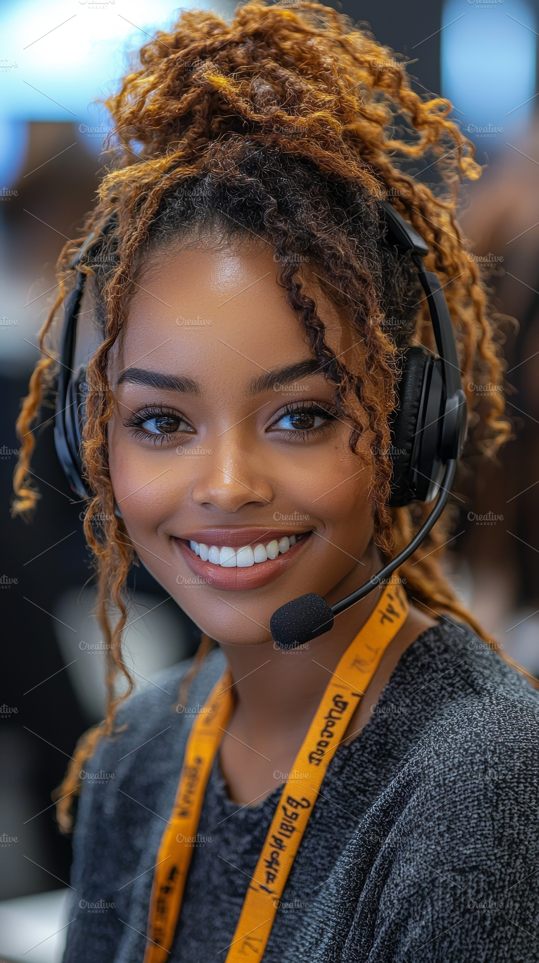 Smiling young woman working in a customer service role with a headset, a Photo by AS photostudio