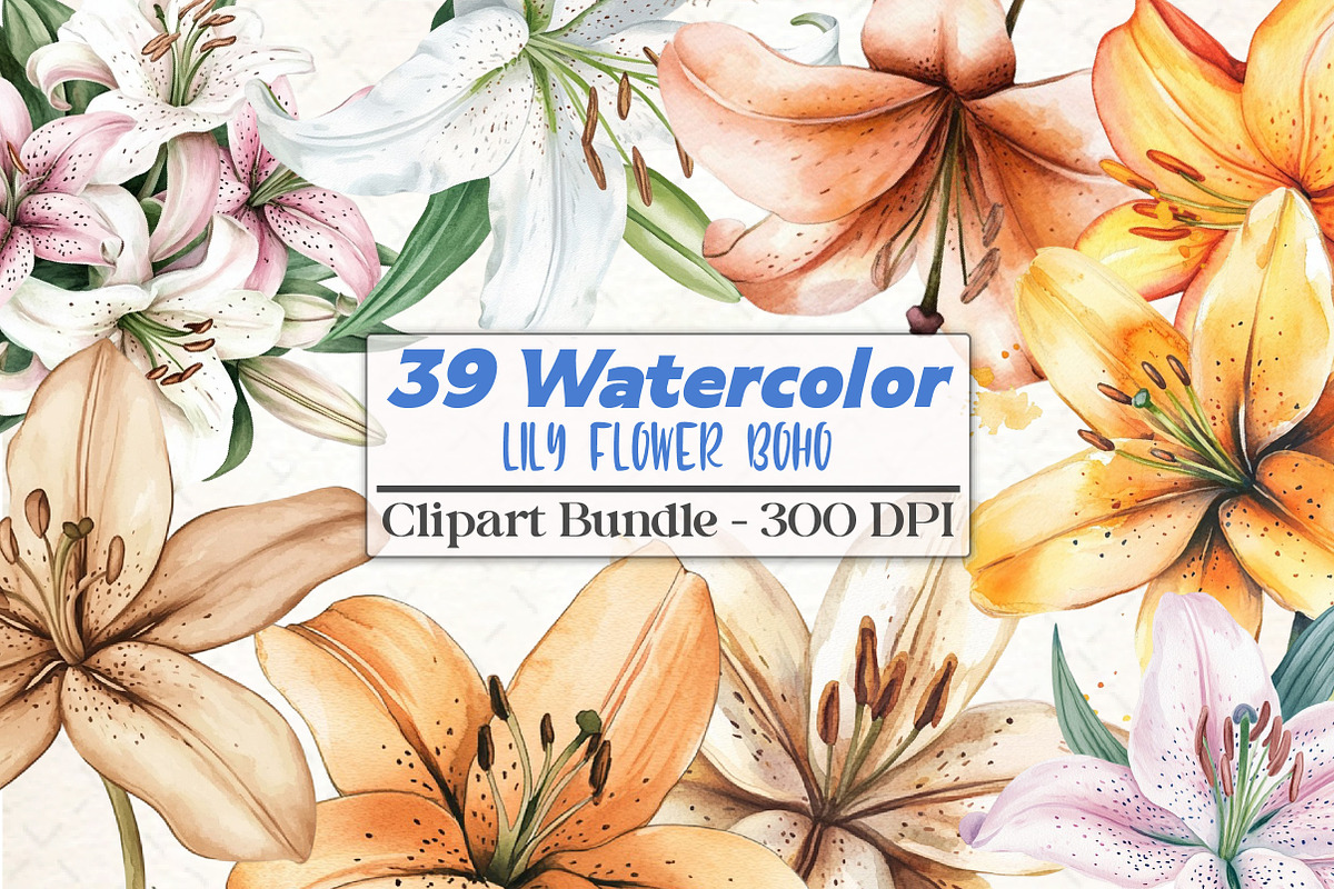 Watercolor Lily Flower Boho Clipart, an Illustration by DreamCafeArt (Photo 1 of 5)