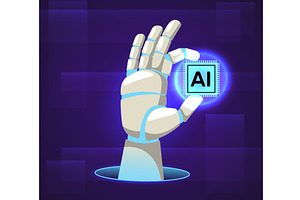 Robots arm holds processor labeled, a Technology Illustration by Vectorbuum