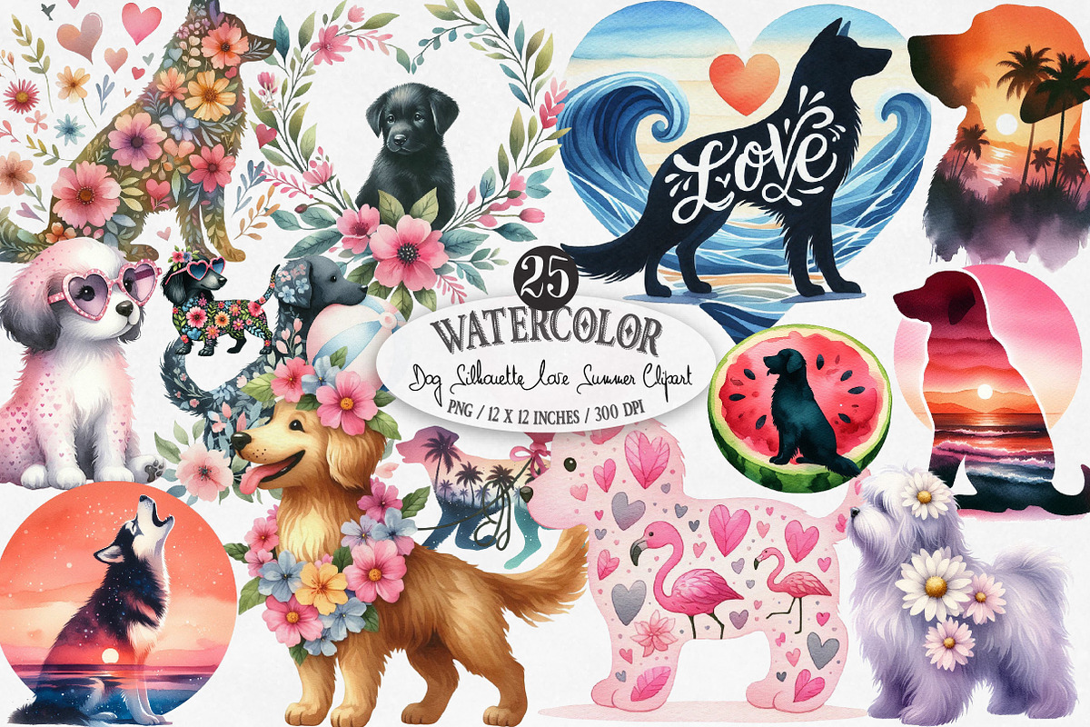 Dog Silhouette Love Summer Clipart, an Illustration by Designking (Photo 1 of 4)