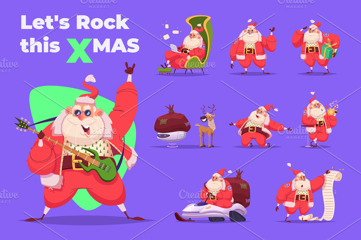 Santa characters in dynamic poses, an Illustration by VectorVision