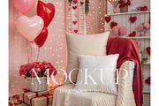 Valentine Pillow Mockup with Balloon, a Mockup by MockupWizard (Thumbnail 1 of 4)