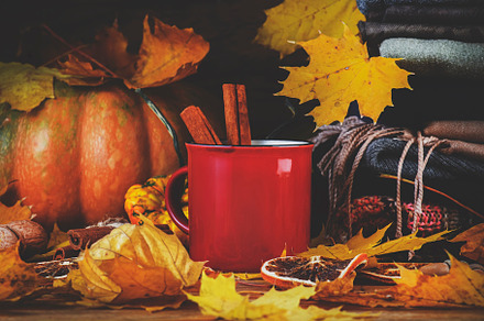 Autumn drink in red cup on fall background with pumpkins, orange