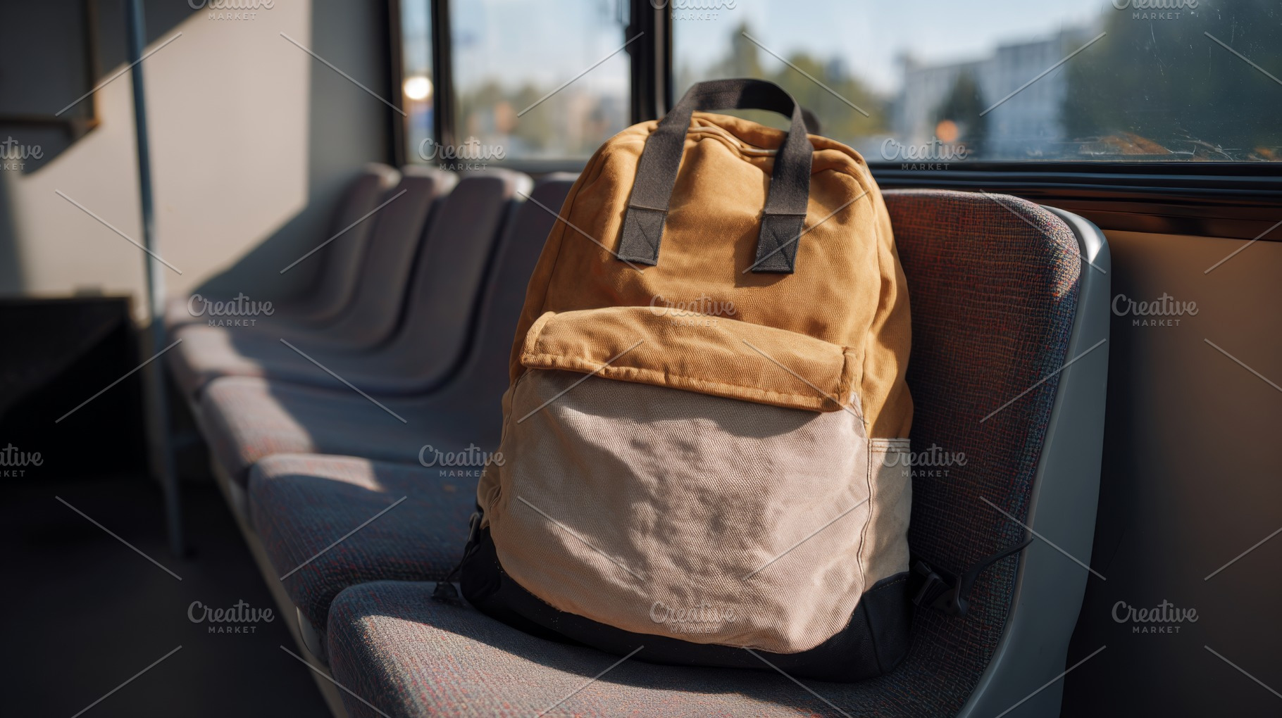 A stylish brown and beige backpack rests on a bus seat, capturing a moment of u, a Business Photo by ImageMir