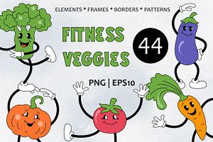 Fitness cartoon veggies. Vector.