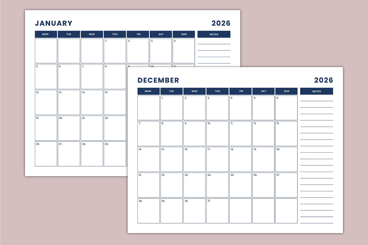 2026 landscape Monthly Calendar Kdp, a Stationery Template by Mustafiz (Photo 4 of 4)