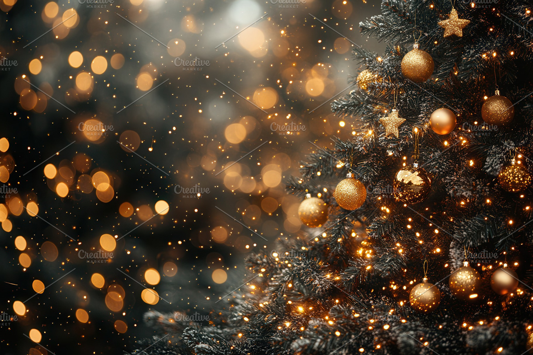 Christmas tree adorned with golden o, a Photo by Tanuart
